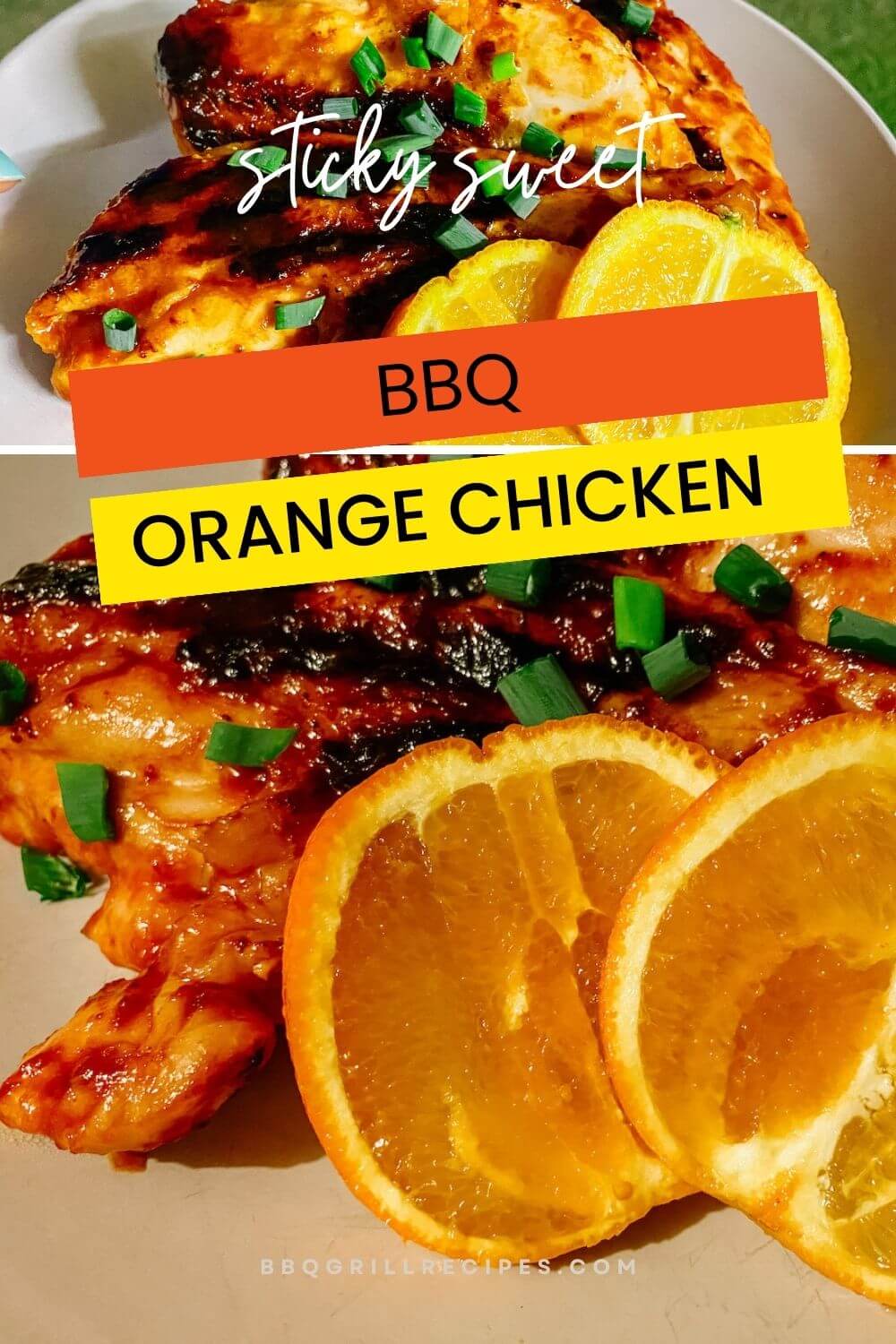 Pinterest image - sticky sweet BBQ orange chicken