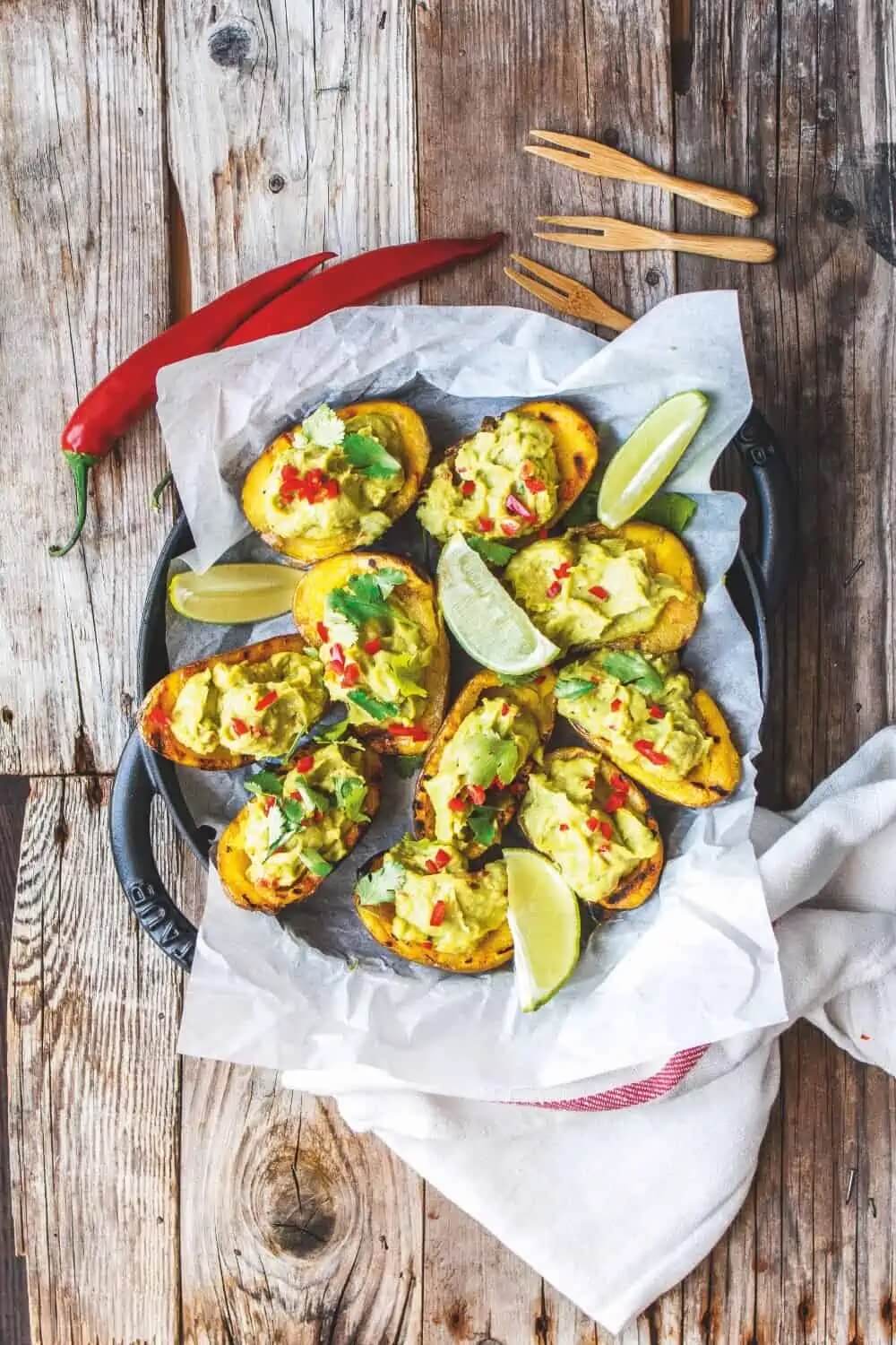 grilled potato skills with guacamole on a grill plate