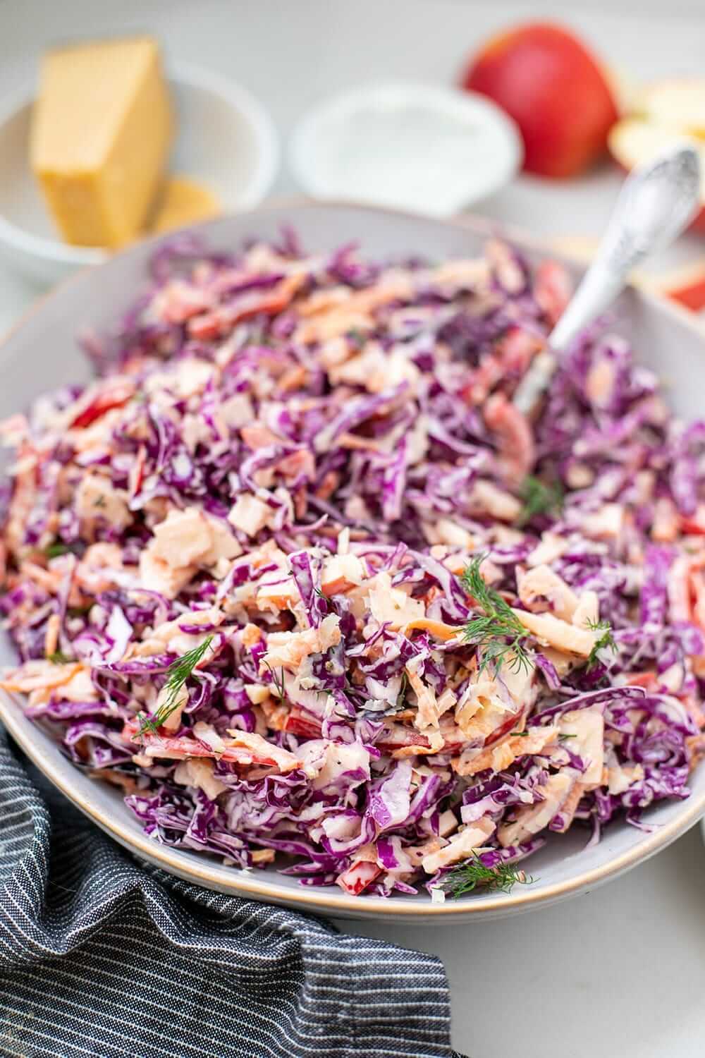 large bowl filled with red cabbage slaw