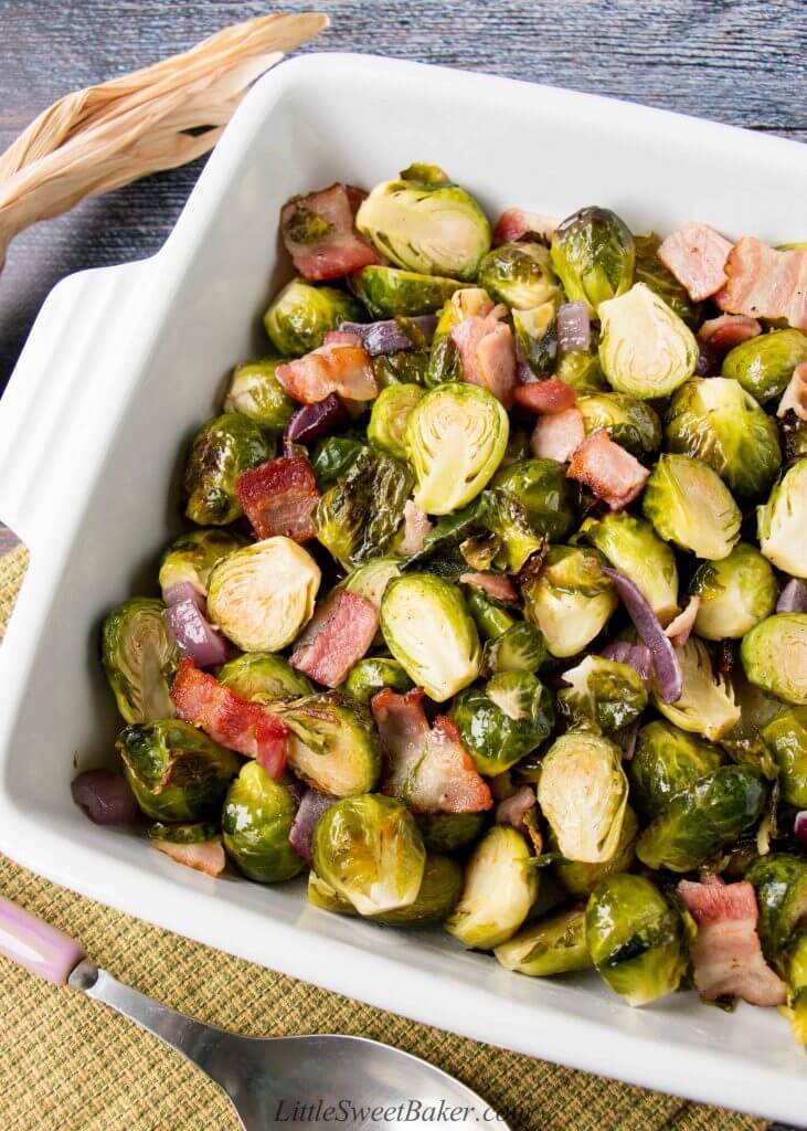 rectangle baking dish with roasted brussel sprouts