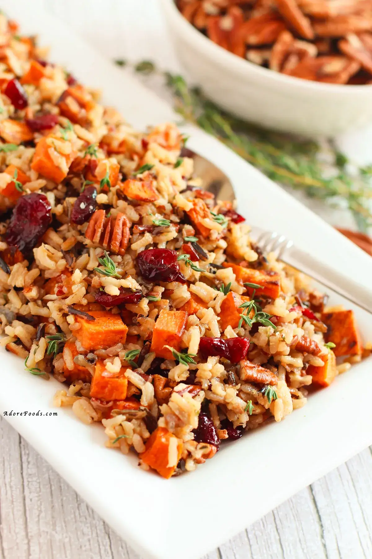 long rectangular dish with roasted sweet potato and rice salad