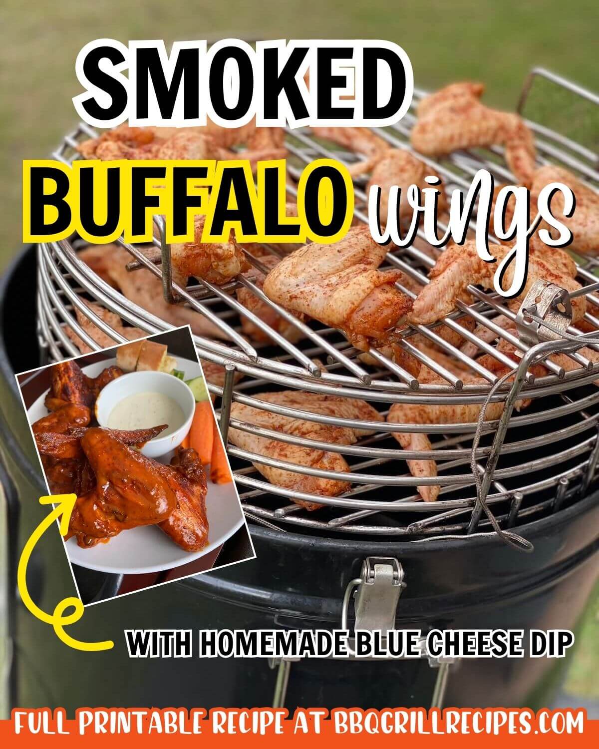 smoked buffalo wings recipe with homemade blue cheese dip and homemade meat rub.