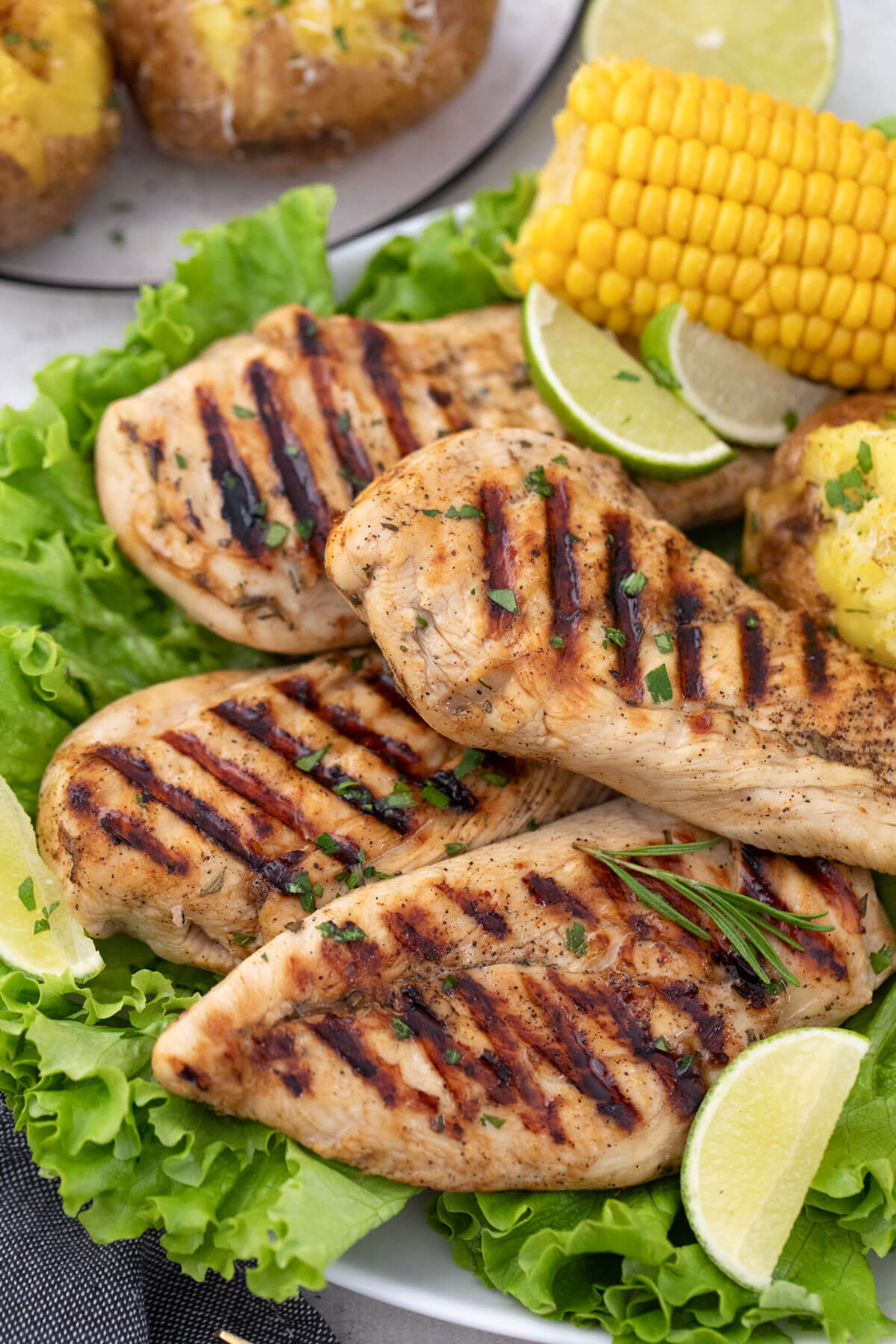 grilled guinness chicken breasts on a bed of fresh lettuce leaves on a plate with slices of lime and corn on the cob.