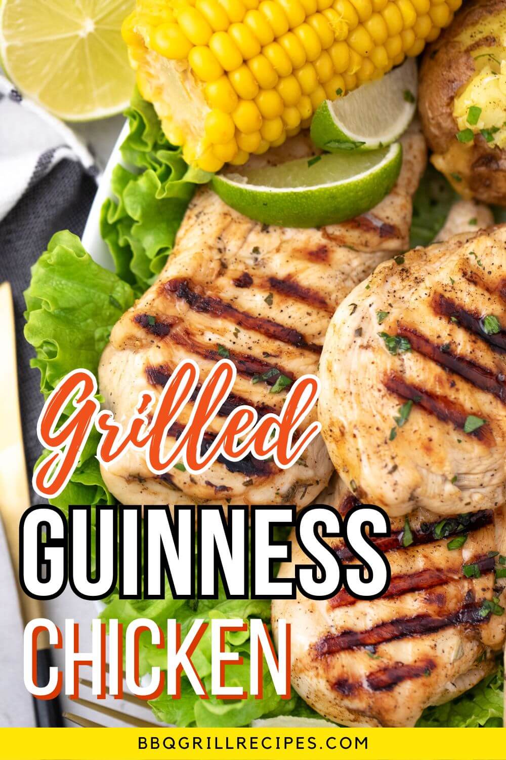 grilled guinness chicken pinterest image with close up of guinness grilled chicken breasts on lettuce leaves.