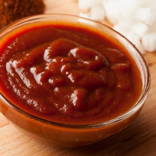 homemade bbq sauce in small glass bowl.