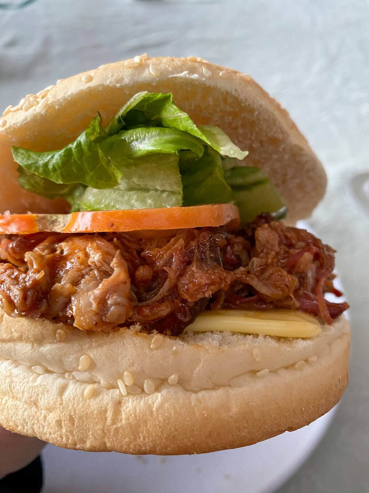 close up of a pulled pork burger.