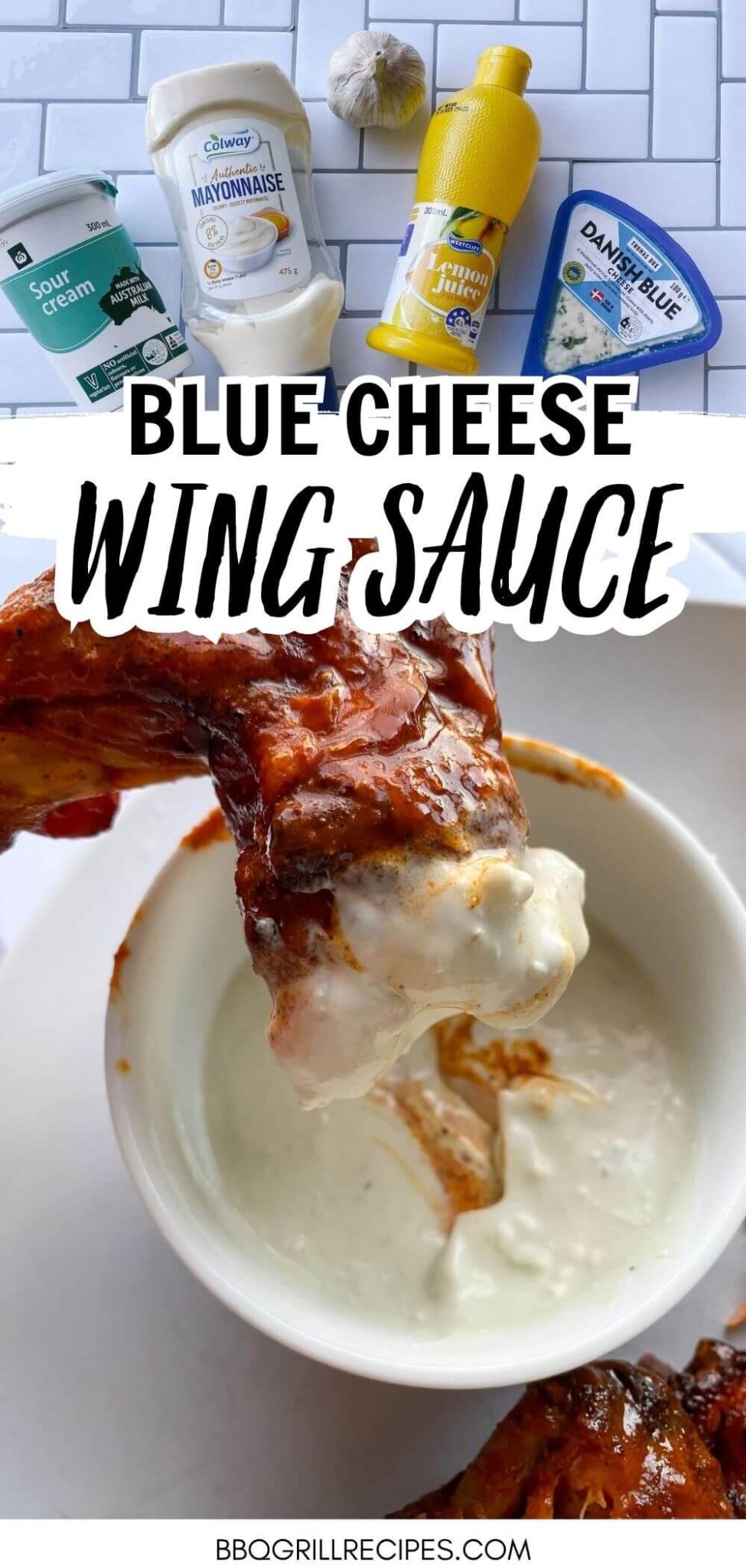 pinterest image - text reads blue cheese wing sauce.