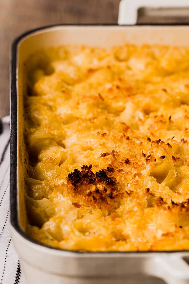 close up of baking dish with mac and cheese.