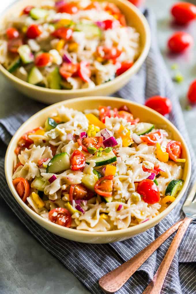 mediterranean pasta salad in two bowls.