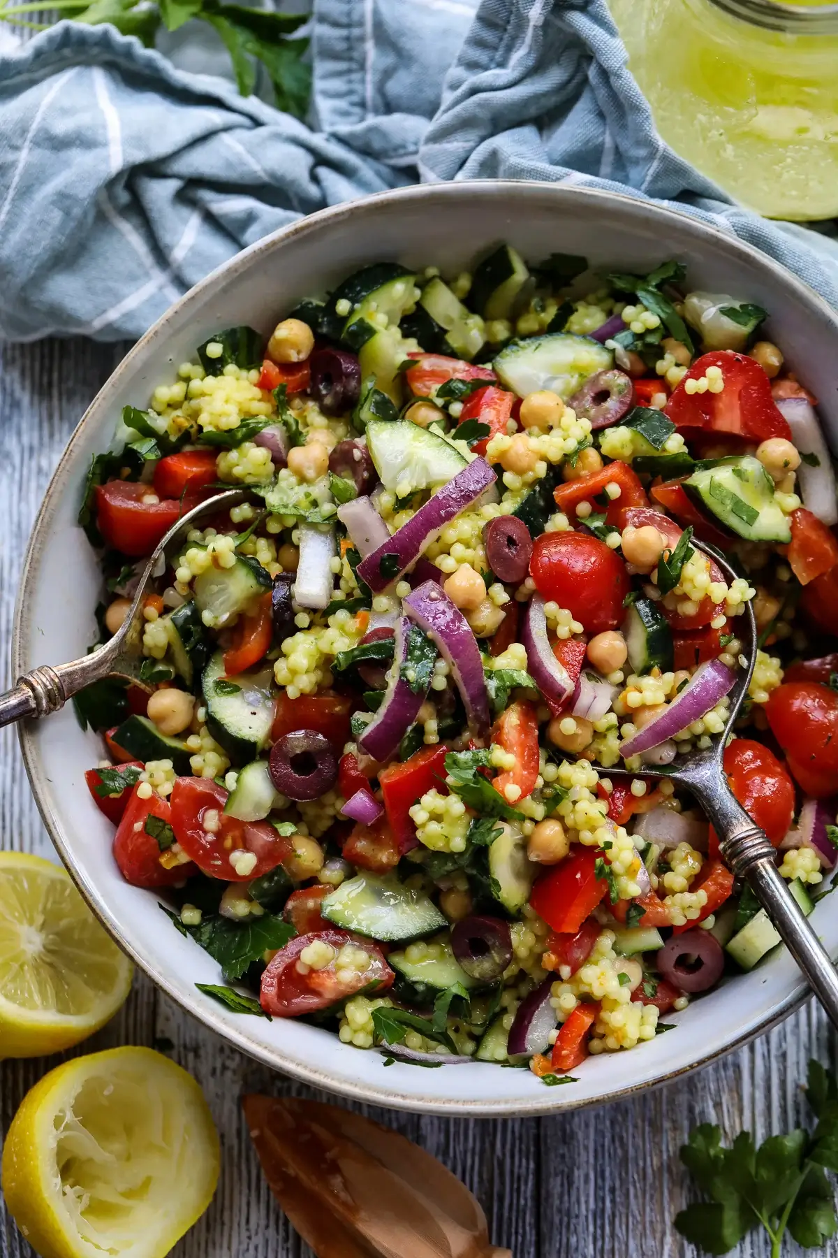 mediterranean couscous salad in a bowl.