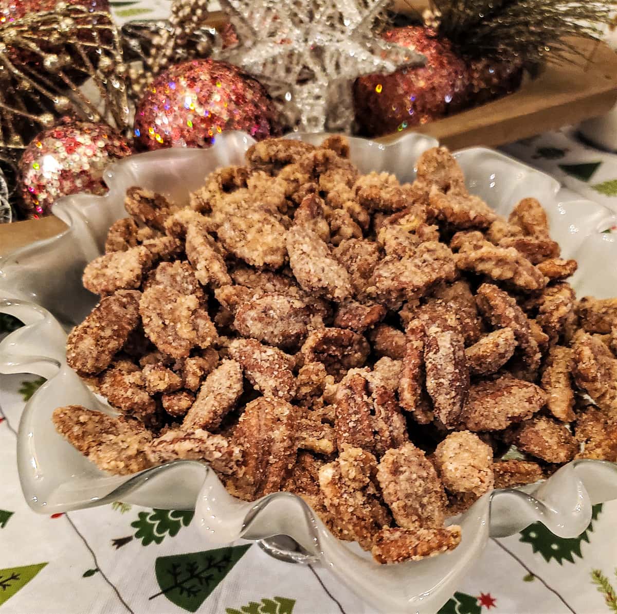 bourbon cinnamon sugar pecan nuts in a bowl.