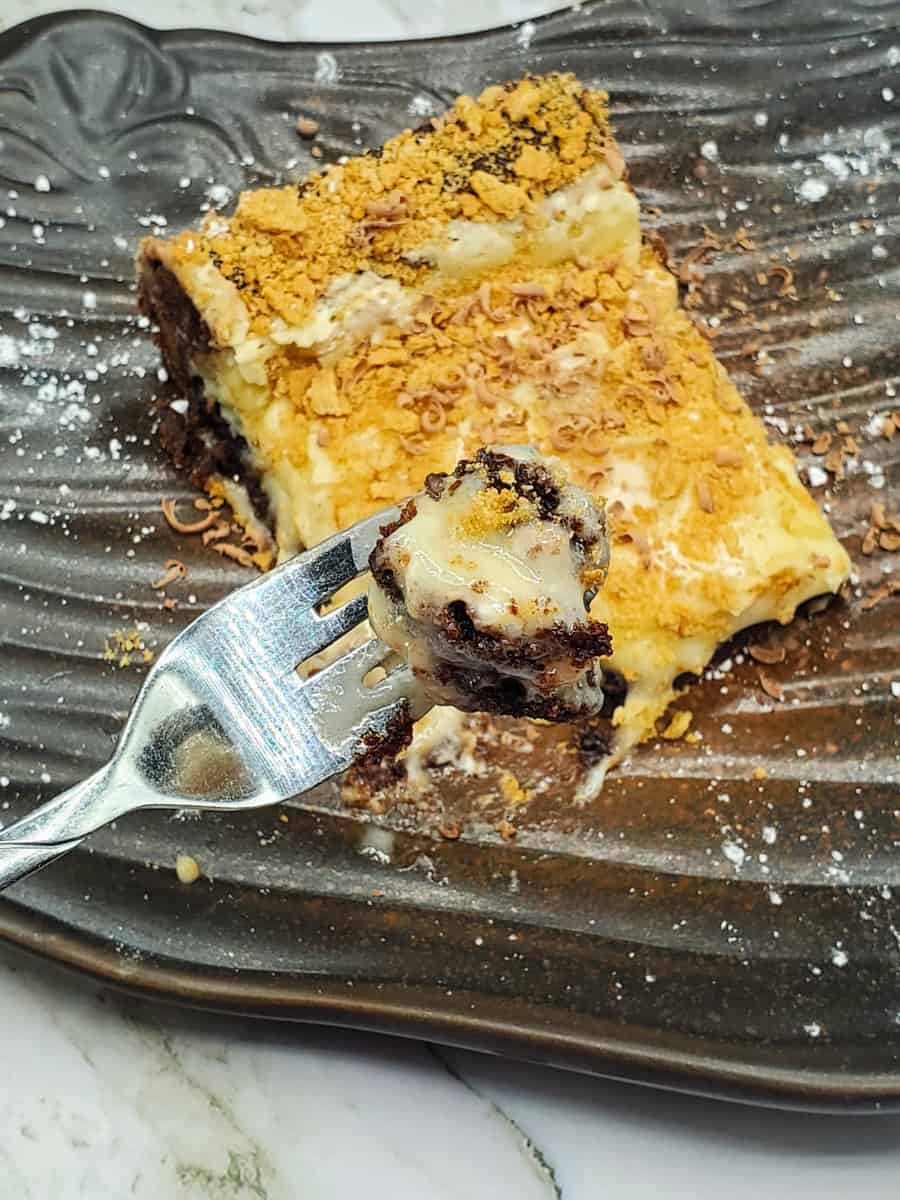 close up of gooey butter smores cake on tray with fork.