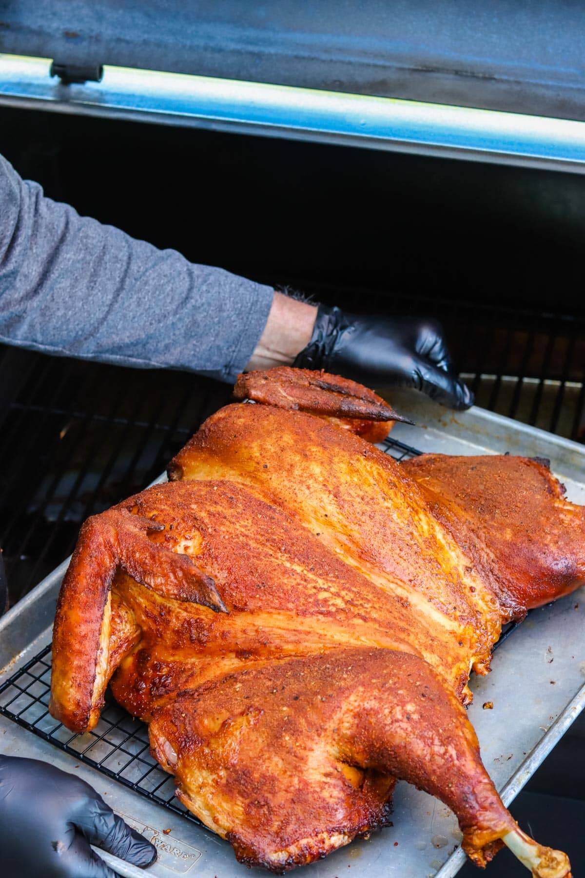 spatchcock smoked turkey coming out of smoker.