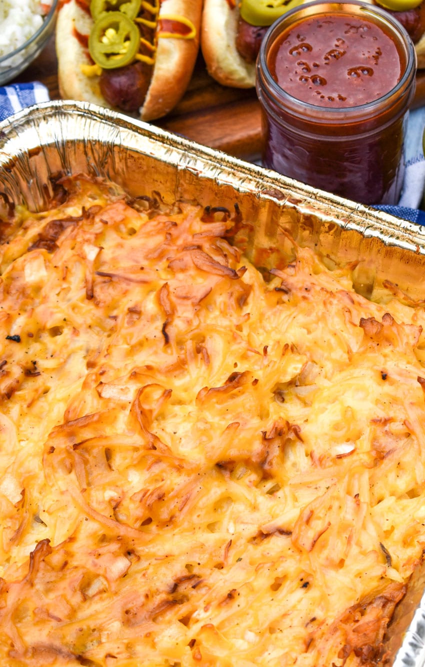 smoked cheesy potatoes in dish.