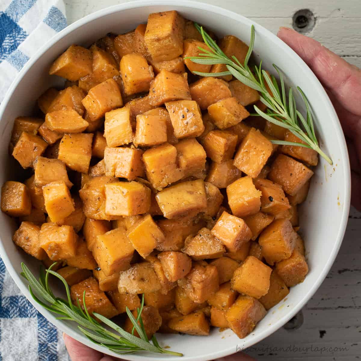 smoked sweet potatoes diced in dish.